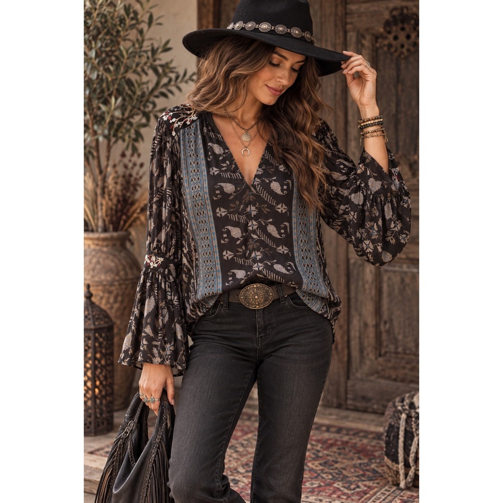 Lucky Brand Boho Top Black Blue Geometric Embroidered Bell Sleeve V Neck Blouse